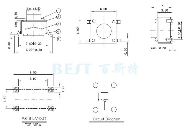輕觸開關(guān)TS-1109W參考圖紙 輕觸開關(guān)TS-1109W參考圖紙
