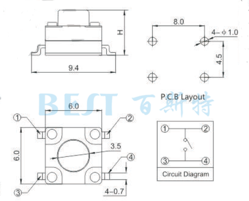 輕觸開關TS-1109KW參考圖紙 輕觸開關TS-1109KW參考圖紙